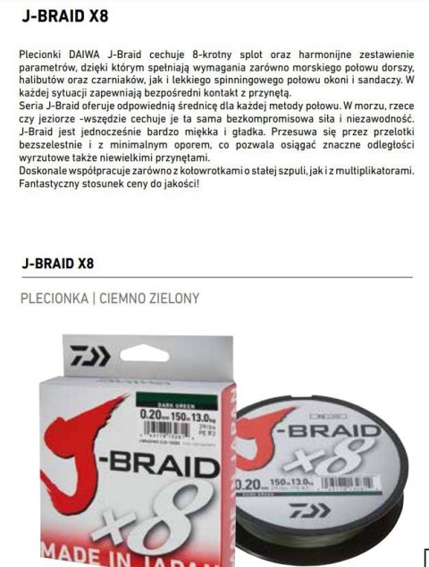 Daiwa Plecionka J-Braid X8 Green 0,10 150m